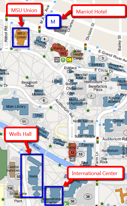 Campus Map showing Hotel, MSU Union, Wells Hall and International Center. 