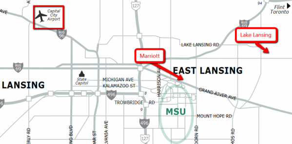 Large area map showing the hotel, campus, airport, and Lake Lansing park. 