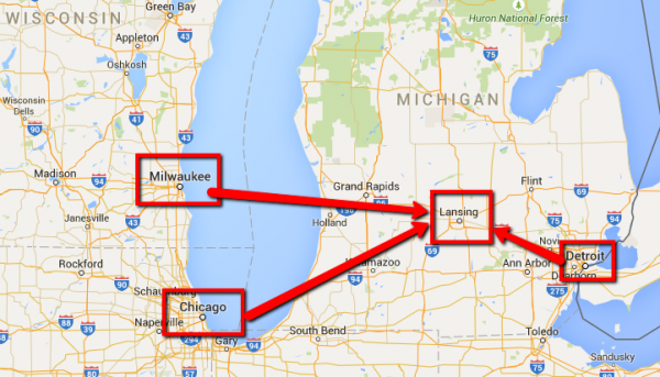 Map of Michigan and 3 common airports coming into Lansing.